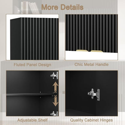ChooChoo Bathroom Wall Cabinet, Laundry Room Cabinet with 4 Fluted Doors | Kitchen Storage Cupboard Cabinet with Adjustable Shelf, Fluted Wall-Mounted Medicine Cabinet for Kitchen, Garage, Black