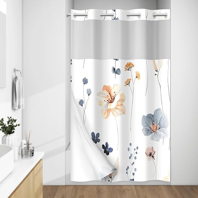 No Hook Floral Shower Curtain with Liner, Blue Beige, 54x80 | Snap in Liner, 3 in 1, Water Repellent, Easy Install, Machine Washable, Hotel Style for Bathroom, Watercolor Pattern