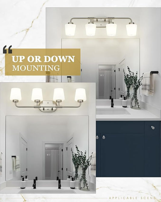 Bathroom Light Fixtures Over Mirror, 4-Light Brushed Nickel Vanity Lighting Fixtures with Milk White Glass, Vintage Farmhouse Wall Sconces Lighting, AD-22004-4W-SN