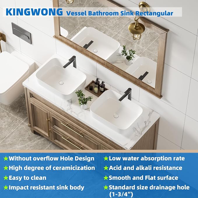 20" Rectangular Ceramic Vessel Sink, White Bathroom Vanity Sink Countertop | KINGWONG Modern No Overflow Wash Basin for Powder Room Guest Bath, Easy Clean Round Corners Above Counter Sink