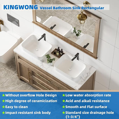 20" Rectangular Ceramic Vessel Sink, White Bathroom Vanity Sink Countertop | KINGWONG Modern No Overflow Wash Basin for Powder Room Guest Bath, Easy Clean Round Corners Above Counter Sink