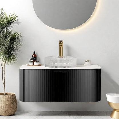 36" Floating Bathroom Vanity with Sink, Plywood Modern Bathroom Storage Cabinet with Ultra-Thin Round Crystal Glass Basin and Marble Top, Soft-Close Design, Pre-Assembled, Gloss Black