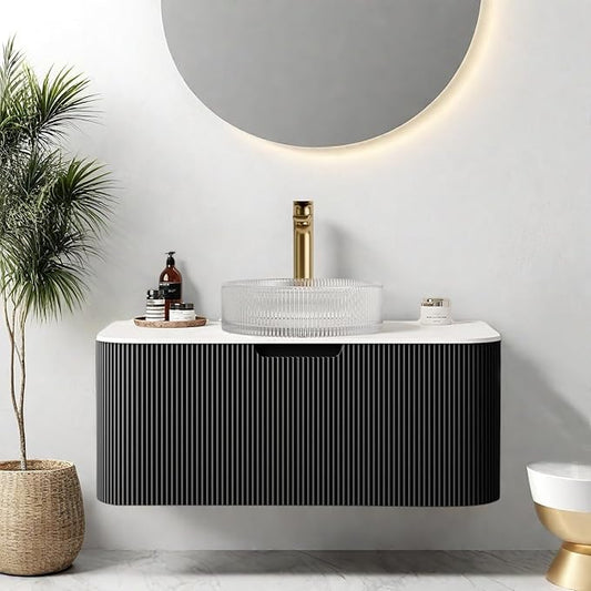 36" Floating Bathroom Vanity with Sink, Plywood Modern Bathroom Storage Cabinet with Ultra-Thin Round Crystal Glass Basin and Marble Top, Soft-Close Design, Pre-Assembled, Gloss Black