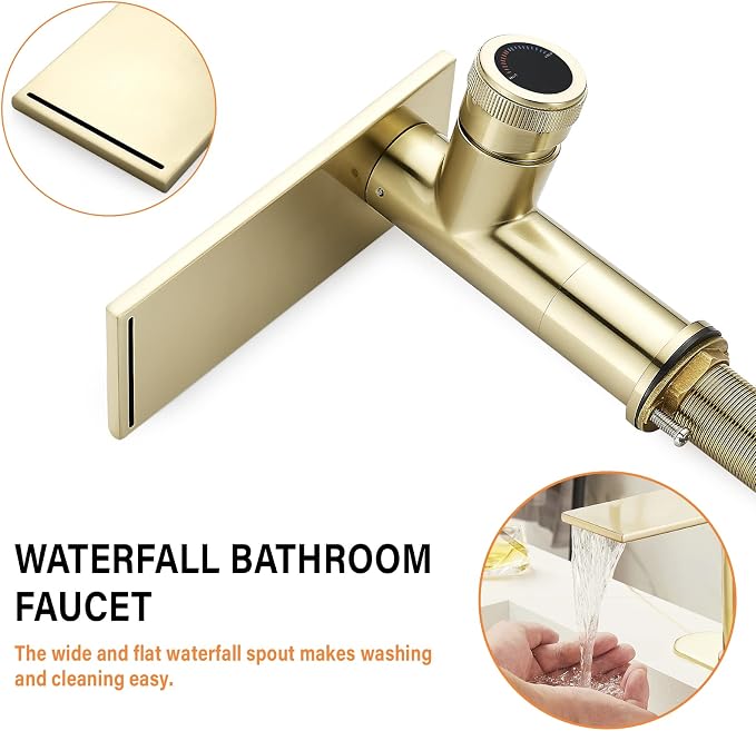 becola Modern Brushed Gold Bathroom Faucet，Waterfall Faucet for Bathroom Sink，Single Hole Cold and Hot Basin Mixer Tap，Single Handle Vanity Faucet with Adjust Knobs and Deck Plate