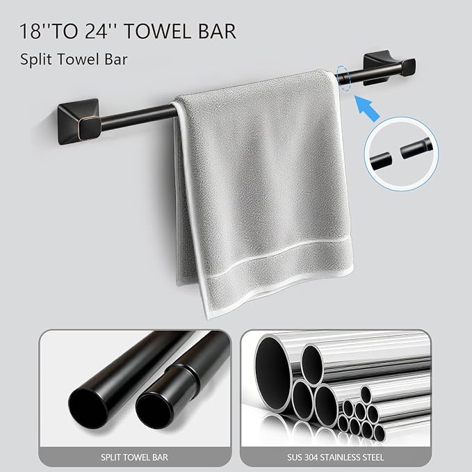SUS304 Stainless Steel Bathroom Hardware Set, 5-Piece Matte Black Wall Mounted Towel Rack Accessories Set, 24 Inch Towel Bar, Towel Ring, Toilet Paper Holder, Towel Hooks, Multipurpose for Bathroom