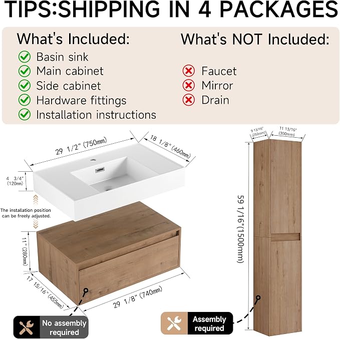 30 Inch Floating Bathroom Vanity with Sink, Modern Wall-Mounted Bathroom Cabinet with Resin Sink & Soft Close Drawer & Side Cabinet, Split-Level Layout (Nature Oak, 30"+2 Side cabinets)