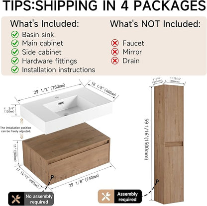 30 Inch Floating Bathroom Vanity with Sink, Modern Wall-Mounted Bathroom Cabinet with Resin Sink & Soft Close Drawer & Side Cabinet, Split-Level Layout (Nature Oak, 30"+2 Side cabinets)
