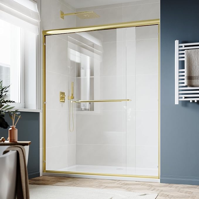 SUNNY SHOWER Double Sliding Glass Door 54" W x 72" H Shower Door 1/4" Tempered Glass Sliding Door Semi-Frameless Shower Glass Enclosure Bypass Walk in Shower Cabin, Brushed Gold