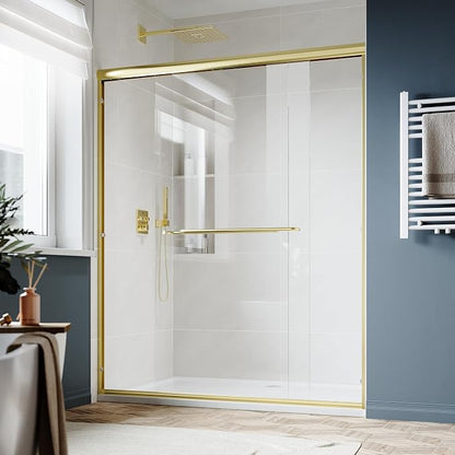 SUNNY SHOWER Double Sliding Glass Door 54" W x 72" H Shower Door 1/4" Tempered Glass Sliding Door Semi-Frameless Shower Glass Enclosure Bypass Walk in Shower Cabin, Brushed Gold