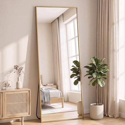 NEWBULIG Full Length Floor Mirror, Body Standing Wall Mirror | Hanging or Leaning, Shatter-Proof Glass, Aluminum Alloy Frame with Stand, Home Decor Bedroom, Gold