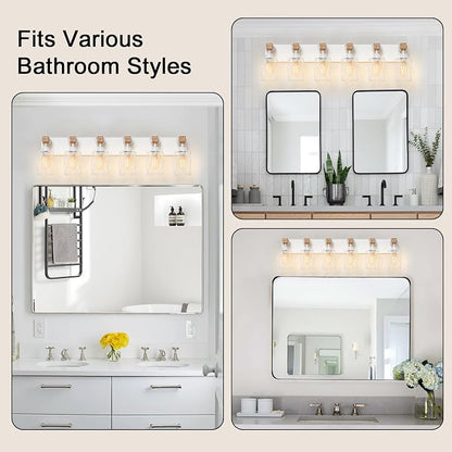 IZORRO Farmhouse Bathroom Vanity Light, 6-Light Wood Bathroom Light Fixtures Over Mirror, Matte White Industrial Vanity Lights with Metal Shade, Rustic Restroom Lighting Fixtures