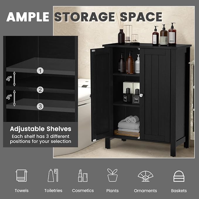 COSTWAY Bathroom Floor Cabinet - Freestanding Side Storage Organizer with Double Doors & Adjustable Shelf, Wooden Storage Cabinet for Living Room, Bedroom, Kitchen, Entryway (Black) | with Double Doors & Adjustable Shelf, Wooden Storage Cabinet for Liv...