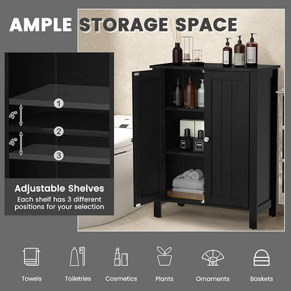 COSTWAY Bathroom Floor Cabinet - Freestanding Side Storage Organizer with Double Doors & Adjustable Shelf, Wooden Storage Cabinet for Living Room, Bedroom, Kitchen, Entryway (Black) | with Double Doors & Adjustable Shelf, Wooden Storage Cabinet for Liv...