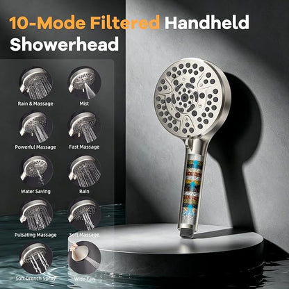 Hibbent Dual-Filtered 13" Shower & 10-Mode Handheld Combo, Brushed Nickel | High Pressure 5-Spray Showerhead, 4-way Diverter, Heightened All Metal Extension Arm, 3 Filter Cartridges, Easy Reach