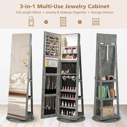 CHARMAID 360° Swivel Jewelry Armoire with Full Length Mirror, Rear Storage Shelves, Lockable Standing Jewelry Cabinet Organizer with Interior Vanity Mirror and 3-Color Lights (Stone Gray)