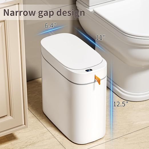 Touchless Bathroom Trash Can, 3.5 Gallon Small Slim Motion Sensor Automatic Garbage Bin with Lid, Rechargeable with Auto Bag Adsorption & One-Pull Sealing Trash Bin for Kitchen, Bedroom Office RV