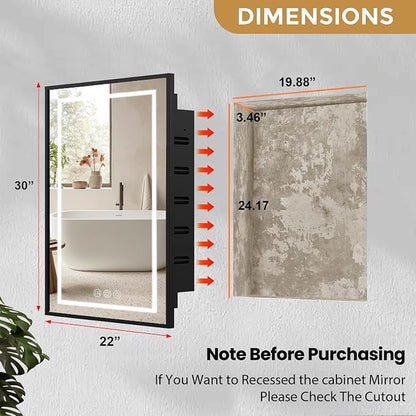 LED Medicine Cabinet Mirror, 22x30 Black Bathroom Storage Cabinet | Anti-fog mirror, Dimmable & 3 color lighting, adjustable shelves, plug in & wall switch, recessed & wall mounted installation
