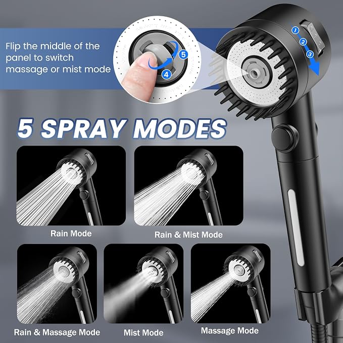 Filtered Shower Head with Handheld,High Pressure 5 Mode Shower with Filters | ON/OFF Switch Shower Filter Head for Hard Water, Remove Chlorine, Reduce Dry Itchy Skin,Holder & 60'' Hose Showerhead