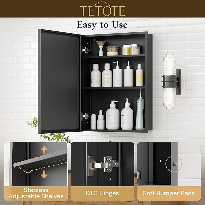 TETOTE 48" x 30" Medicine Cabinet Black Bathroom Mirror with Storage Beveled Aluminum Frame Stepless Adjustable Shelves, Wall-Mounted or Recessed