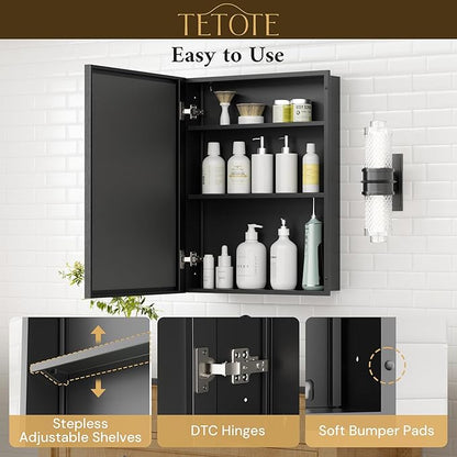 TETOTE 48" x 30" Medicine Cabinet Black Bathroom Mirror with Storage Beveled Aluminum Frame Stepless Adjustable Shelves, Wall-Mounted or Recessed