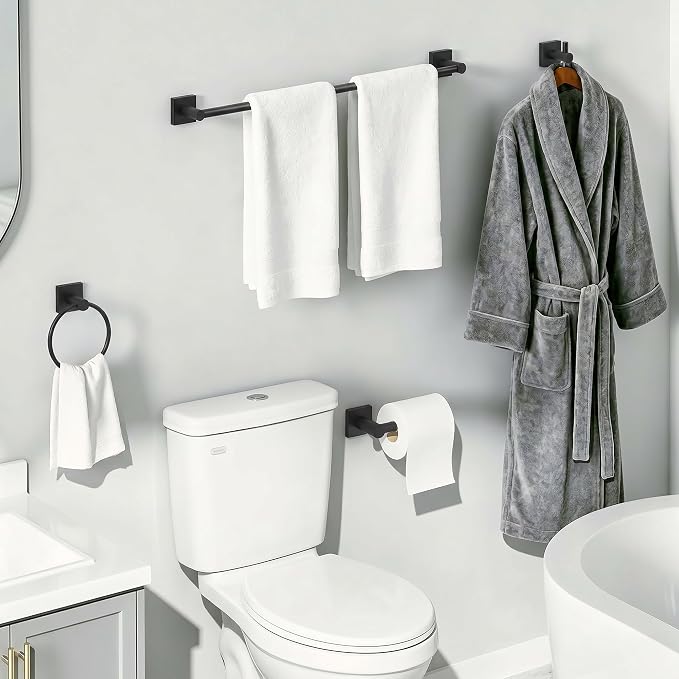 24-Inch Wall Mounted Towel Racks for Bathroom – Space Saver 4-Piece Durable Stainless Steel Bathroom Hardware Set with Towel Bar, Towel Ring, Toilet Paper Holder & Hook, Matte Black