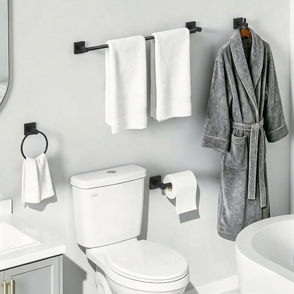 24-Inch Wall Mounted Towel Racks for Bathroom – Space Saver 4-Piece Durable Stainless Steel Bathroom Hardware Set with Towel Bar, Towel Ring, Toilet Paper Holder & Hook, Matte Black