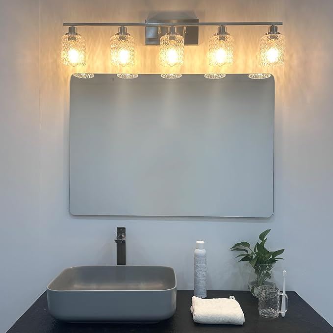 MELUCEE 5 Lights Brushed Nickel Bathroom Light Fixture with Hammered Glass | Modern Light Fixtures Wall Mounted Vanity Lighting with Hammered Glass Shade Suitable for Bathroom Mirror Sink Cabinet