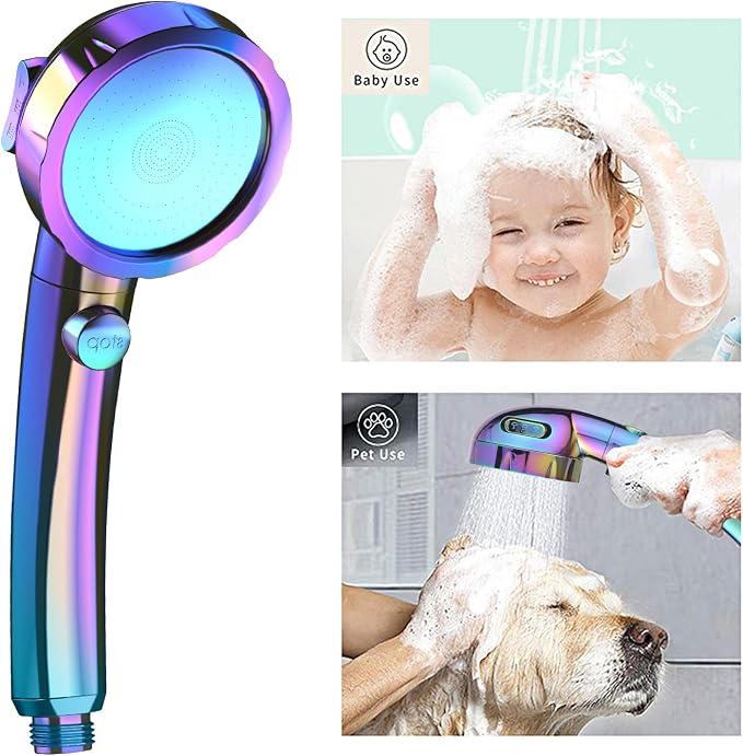 High Pressure Handheld Shower Head with ON/OFF Switch, 3 Spray Modes, Adjustable Angle Bracket, Radiant Rainbow | 3 Spray Modes Shower Wand with Shut Off Button, Camper & RV Showerhead with Hose & Angle Adjustable Holder, Radiant Rainbow