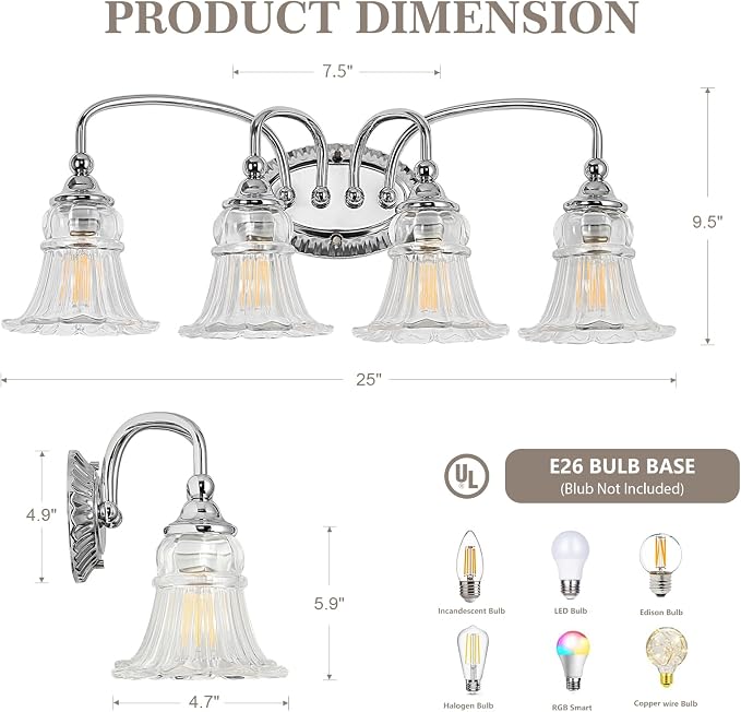 4-Light Vintage Bathroom Light Fixtures, Chrome | Vanity Lights Over Mirror with Floral Glass Shade for Bathroom Powder Room, Living Room Hallway