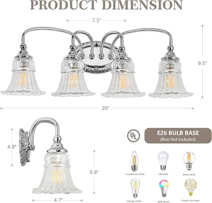 4-Light Vintage Bathroom Light Fixtures, Chrome | Vanity Lights Over Mirror with Floral Glass Shade for Bathroom Powder Room, Living Room Hallway