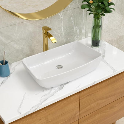 Lordear Vessel Sink Rectangular 24 Inch Curved Rectangle Bathroom Sink Modern Above Counter White Porcelain Ceramic Bathroom Vessel Vanity Sink Art Basin