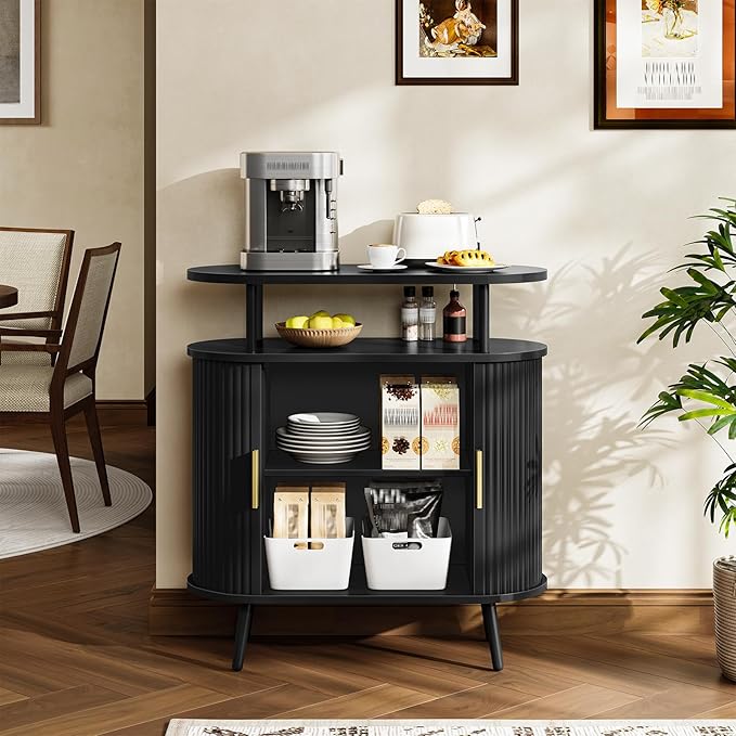 CHOEZON Bathroom Storage Cabinet, Bathroom Cabinet with Sliding Doors, Freestanding Floor Cabinet with Gold Handles, Modern Bathroom Organizer and Storage, for Bathroom, Kitchen, Entryway, Black