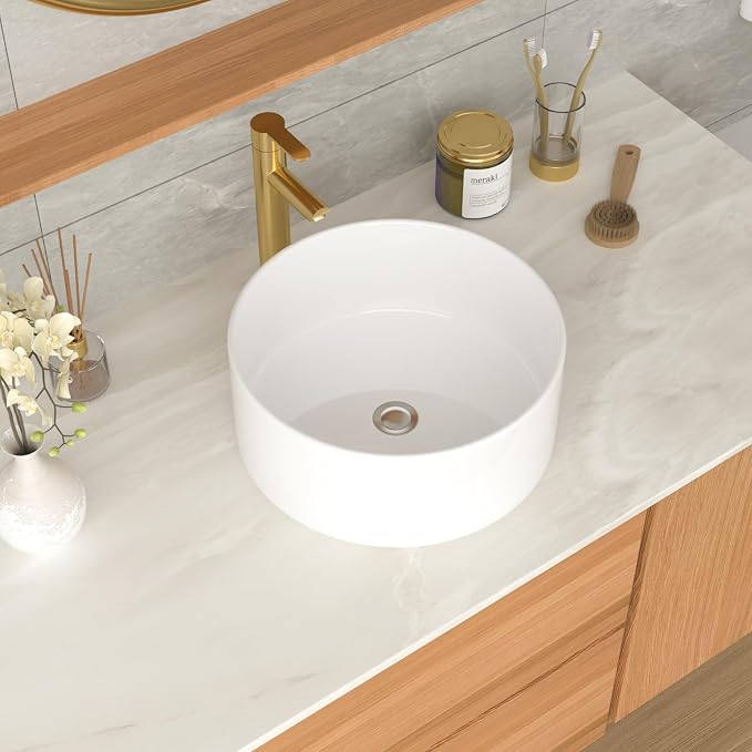 White Bathroom Vessel Sink Ceramic Vanity Art Basin Above Counter | 15"x15" Round Bathroom Sink Porcelain Vessel Vanity Sink