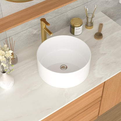 White Bathroom Vessel Sink Ceramic Vanity Art Basin Above Counter | 15"x15" Round Bathroom Sink Porcelain Vessel Vanity Sink