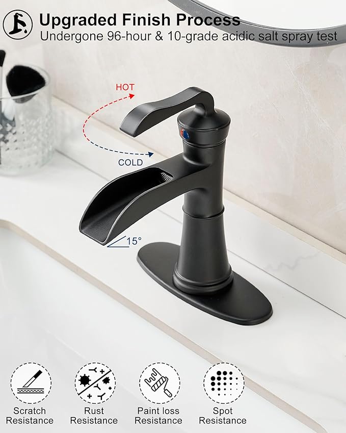Brass Waterfall Bathroom Faucet Black, Single Handle Bathroom Sink Faucet 1 Hole, 4 Inch Bathroom Faucets 3 Hole with Deck Plate, Pop-up Drain and Supply Hoses