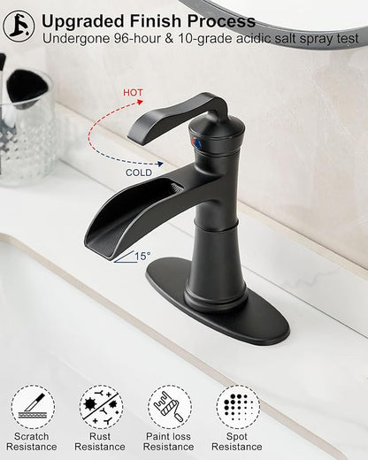 Brass Waterfall Bathroom Faucet Black, Single Handle Bathroom Sink Faucet 1 Hole, 4 Inch Bathroom Faucets 3 Hole with Deck Plate, Pop-up Drain and Supply Hoses