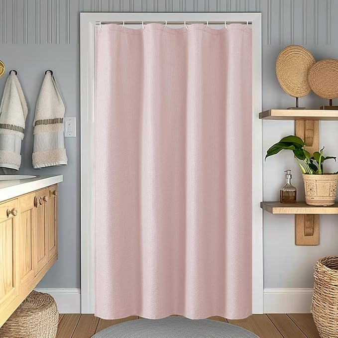 OWENIE Pink Shower Curtain for Bathroom 72 Inches Eatra Long, Elegant 3D Embossed Textured Cloth Waffle Shower Curtain, Modern Luxury Hotel Style, Water Repellent, Machine Washable, 48X72, Pink