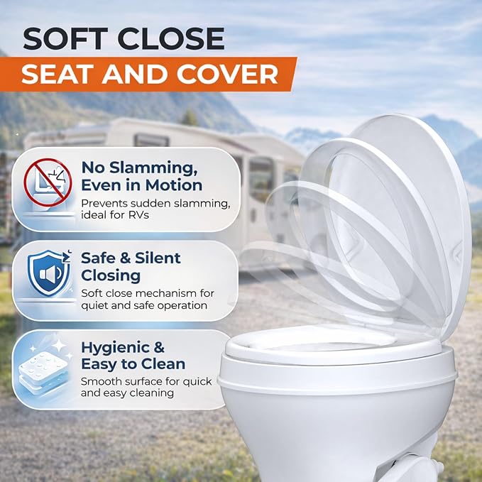 SEAFLO RV Toilet – 18.4" Residential Height, Gravity Flush Foot Pedal, 4-Year Warranty, Fits Most RVs (9.5" Rough-In), Soft Close Seat, 2-Bolt Mount, for Camper Travel Trailer Motorhome SFRTPH-01-01