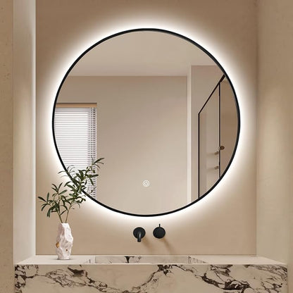 Niccy Round LED Bathroom Mirrors, Black Framed Backlit Vanity Mirror, 36" | LED Smart Circle Mirror with 3 Color Lighting, Anti-Fog Lighted, IP65 Waterproof, Wall Mounted Bathroom Vanity