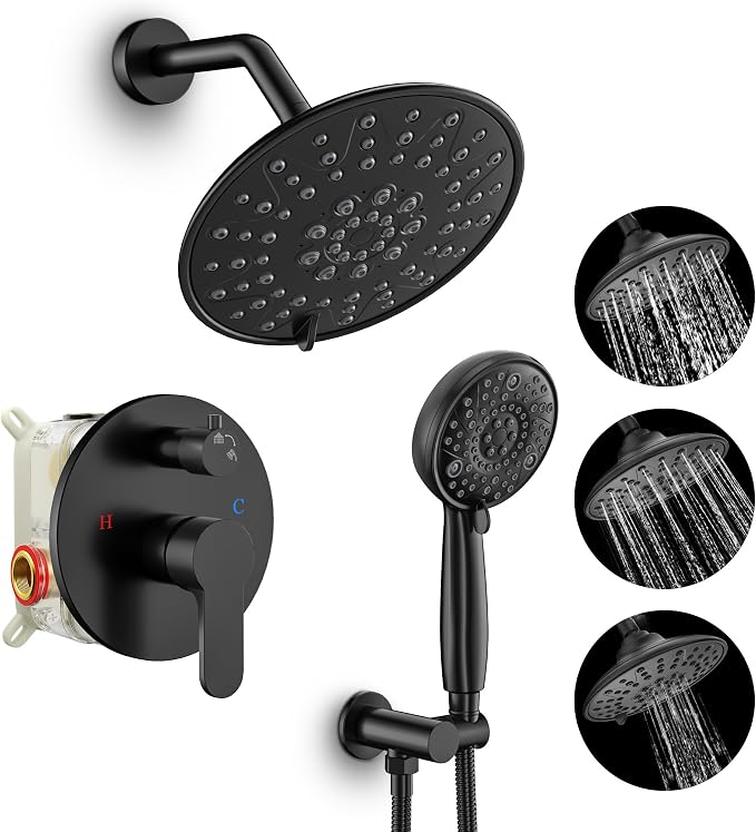 SR SUN RISE Shower Faucet - 8 Inch Multifunctional High Pressure Shower Head System with Handheld Shower Head Fixtures - Valve Included - Matte Black