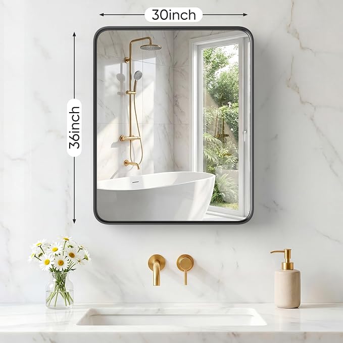 Sweetcrispy Bathroom Mirror 36x30 Inch, Vanity Mirror for Wall | Metal Framed Rounded Rectangle, Over Sink, Farmhouse, Restroom, Anti-Rust, Horizontal or Vertical Hanging, Black