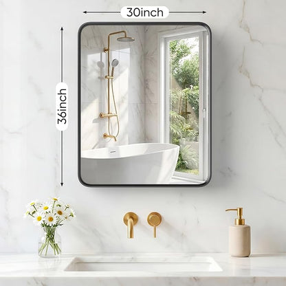 Sweetcrispy Bathroom Mirror 36x30 Inch, Vanity Mirror for Wall | Metal Framed Rounded Rectangle, Over Sink, Farmhouse, Restroom, Anti-Rust, Horizontal or Vertical Hanging, Black