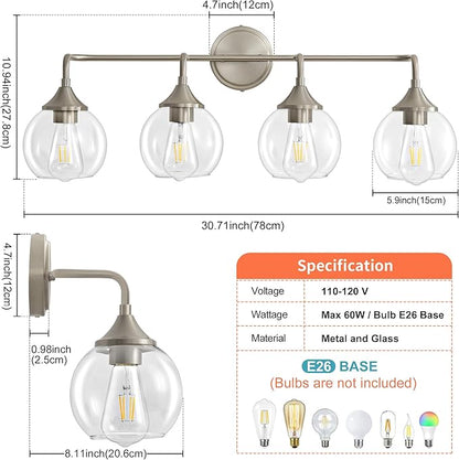 Bathroom Vanity Light with Clear Glass Shade, E26 Base 4-Light Bathroom Light Fixtures Over Mirror, 31 Inch Vanity Lights for Bath (Exclude E26 Bulb)