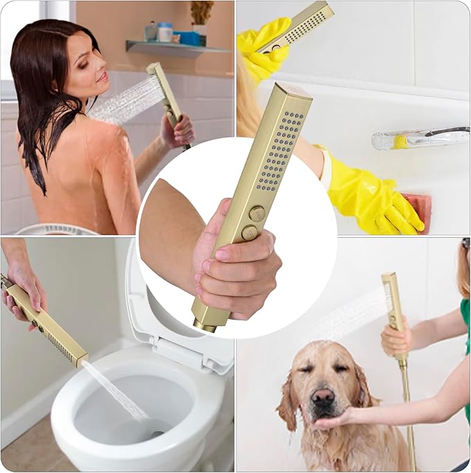 All-Metal High Pressure Square Handheld Shower Head with Jet Spray and Rainfall Modes, Volume Control Regulator, ON/OFF Switch, Hose and Wall Mounted Adjustable Bracket (Brushed Gold)