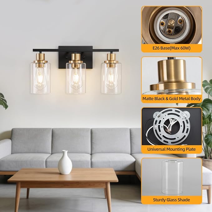 3 Light Bathroom Wall Light Fixture Vanity Wall Lights Over Mirror | Wall Sconce Lighting with Clear Glass Shades, Modern Wall Lights Wall Lamp for Mirror, Hallway Kitchen Bedroom Cabinet