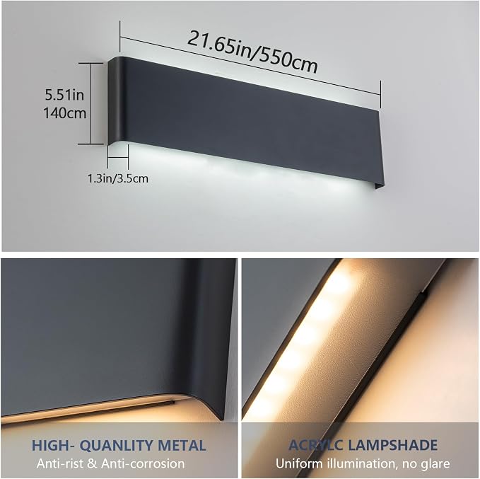 2 Pack 21.65in Modern LED Wall Sconces, Hardwired Up Down Lamp | 5CCT Adjustable 3000K-6500K. Black Indoor Wall Mounted Lights. Ideal Fixtures for Bathroom, Hallway, Bedroom, Living Room.
