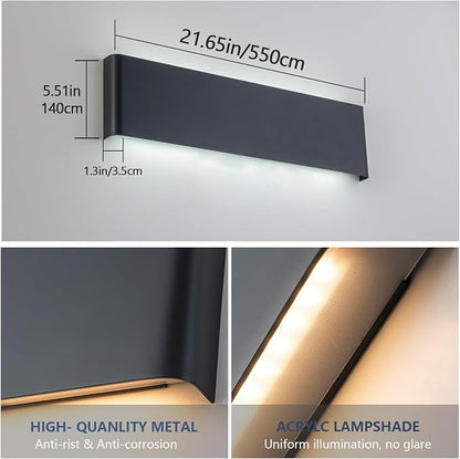 2 Pack 21.65in Modern LED Wall Sconces, Hardwired Up Down Lamp | 5CCT Adjustable 3000K-6500K. Black Indoor Wall Mounted Lights. Ideal Fixtures for Bathroom, Hallway, Bedroom, Living Room.