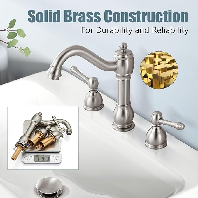 Aolemi 8 Inch Widespread Bathroom Sink Faucet 3 Hole Deck Mount Vanity Basin Mixer Tap with Pop Up Drain Assembly Brushed Nickel Double Lever Handle