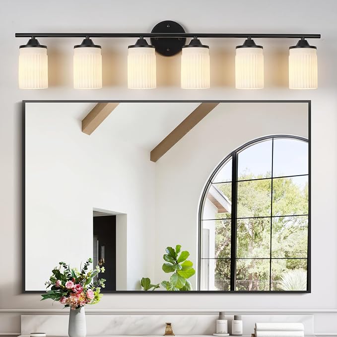 Jonsi Black Bathroom Light Fixtures 6-Light Vanity Lights Modern Wall Sconce with Milk White Shade Brushed Brass Bathroom Light Fixture Over Mirror for Bedroom Hallway Kitchen
