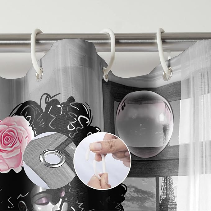 African American Woman Shower Curtain Waterproof Polyester Fabric Shower Curtain for Bathroom Grey Bathroom Curtain Machine Washable Quick Dry 72 x 72 Inches with 12 Hooks
